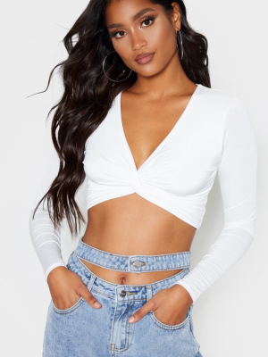 White Slinky Long Sleeve Twist Front Crop Top