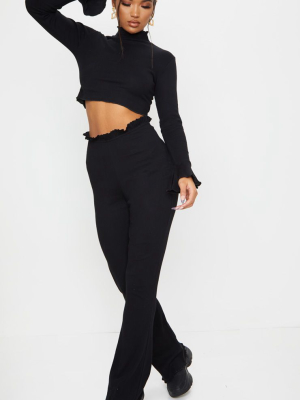 Black Rib Wide Leg Frill Detail Pants