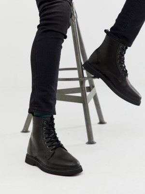 Asos Design Lace Up Boots In Black Leather With Chunky Sole