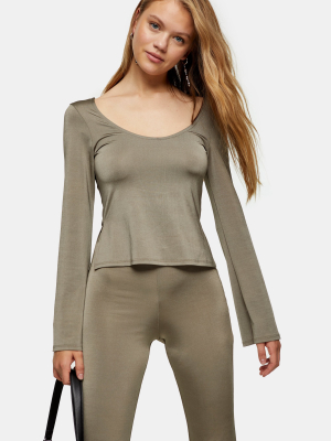 Olive Green Long Sleeve Satin Top