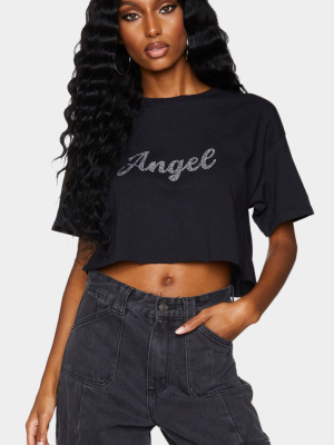 Black Angel Diamante Hot Fix Crop T Shirt