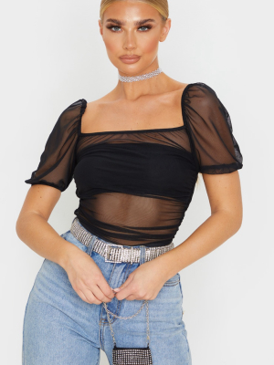 Black Sheer Ruched Side Seam Bodysuit