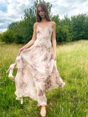 Asos Design Embellished Strappy Tiered Maxi With Ruffle Detail And Rope Trim In Floral Print In Pink