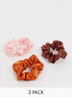 Asos Design Pack Of 3 Skinny Scrunchies In Brown Rust Pink Satin's