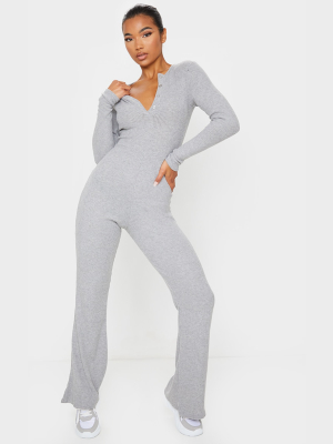 Grey Brushed Rib Button Front Long Sleeve Jumpsuit