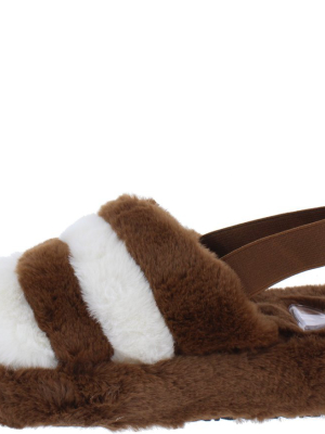 Boo Brown Beige Faux Fur Open Toe Slingback Sandal