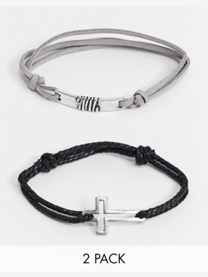 Icon Brand Bracelet Pack In Monochrome Faux Suede With Cross Charm