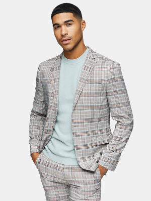 2 Piece Stone Check Skinny Fit Suit With Notch Lapels