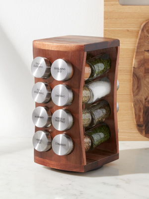 16 Jar Revolving Hourglass Acacia Spice Rack