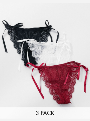 Asos Design 3 Pack Lace Tie Side Brief In Black Red & White