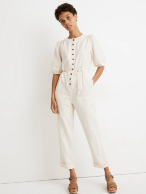 Linen-blend Puff-sleeve Tassel-tie Jumpsuit