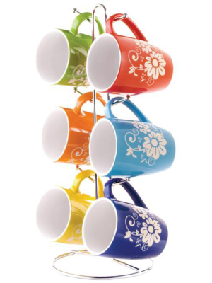 Home Basics 6 Piece Floral Mug Set With Stand, Multi-color