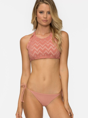 Monroe Textured Ruffle High Neck Bikini Top - Rose Pink Dawn Chevron Print