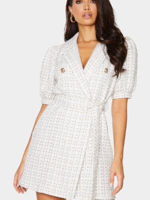 White Glitter Boucle Puff Sleeve Blazer Dress