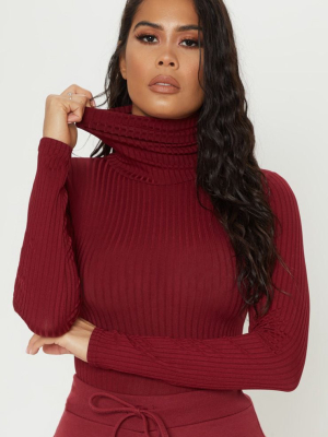 Maroon Rib Roll Neck Long Sleeve Bodysuit