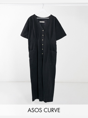 Asos Design Curve Soft Denim Relaxed Boilersuit In Washed Black