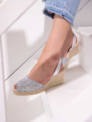 Silver Glitter Lalia - Espadrille Wedge Leather Menorcan Sandals