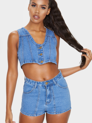 Mid Blue Wash Denim Button Up Shorts