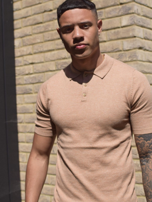 Asos Design Knitted Muscle Fit Linen Look Polo In Tan