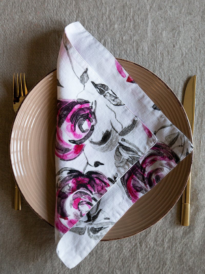 Pink Rose Print Linen Table Napkins