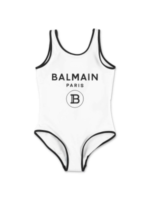 Balmain Kids Logo Printed Contrast Trim Swimsuit