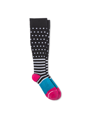 Dr. Motion Women's Mild Compression Dots Over Stripes Knee High Socks - Black/blue/pink 4-10