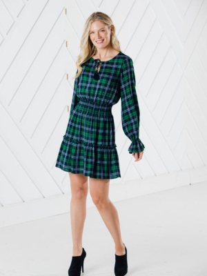 Plaid Long Sleeve Tassel Front Dress