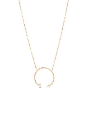 14k Medium Open Circle Necklace With Baguette And Prong Diamonds