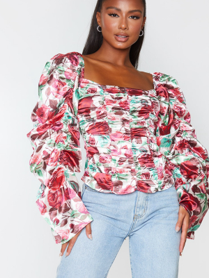 Red Floral Printed Woven Ruched Front Puff...