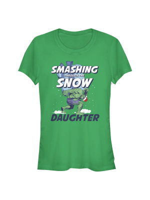 Junior's Marvel Christmas Hulk Daughter Snow T-shirt