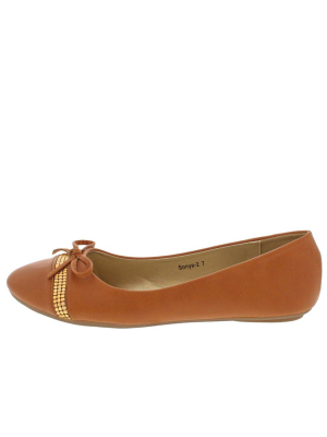 Sonya2 Camel Studded Strip Bow Ballet Flat