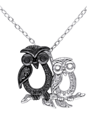 .02 Ct. T.w. Black Diamond Double Owl Pendant Necklace In Sterling Silver (18")