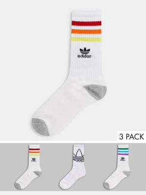 Adidas Originals 3 Pack Socks With Multi Stripes In White