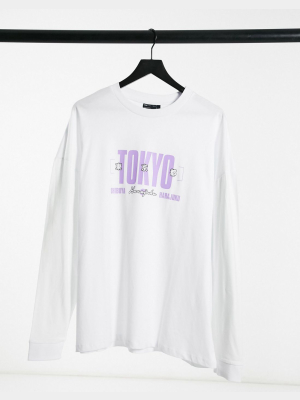 Asos Design Oversized Long Sleeve T-shirt In White With City Print