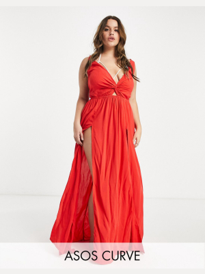 Asos Design Curve Tie Back Beach Maxi Dress With Twist Front Detail In Red