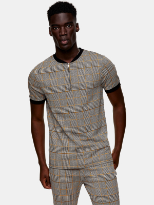 Gray And Mustard Check Baseball Polo