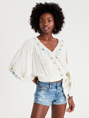 Ae Embroidered Wrap Top