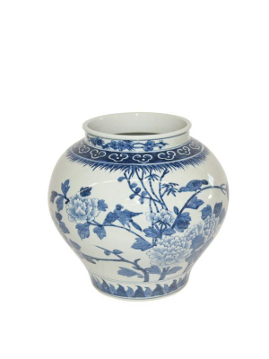 Bird Floral Open Top Jar, Blue And White