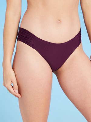 Women's Soft Cotton Ribbed Shirred Tab Modern Coverage Hipster Bikini Bottom - Kona Sol™ Burgundy