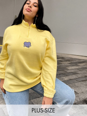 Daisy Street Plus Oversized Half Zip Sweatshirt With Heart Applique In Pastel
