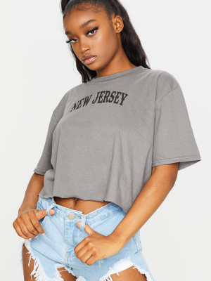 Charcoal Grey New Jersey Printed Crop T Shirt