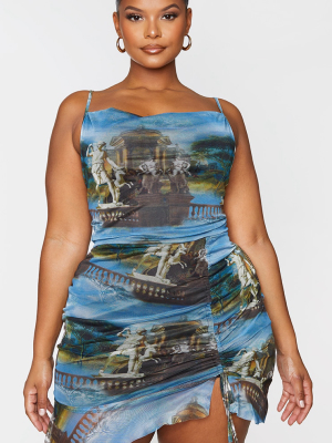 Plus Blue Renaissance Print Ruched Bodyon Dress