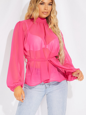 Fuchsia Pink Sheer Chiffon Tie Waist Blouse