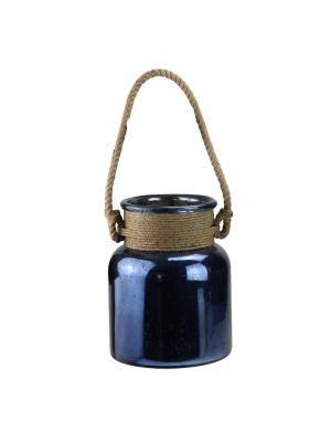 Kaemingk 9.5" Blue Mercury Glass Hurricane Lantern With Rope Handle