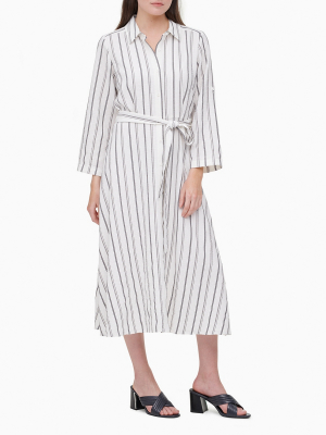 Striped Button-down Roll-sleeve Belted Shirt Dress