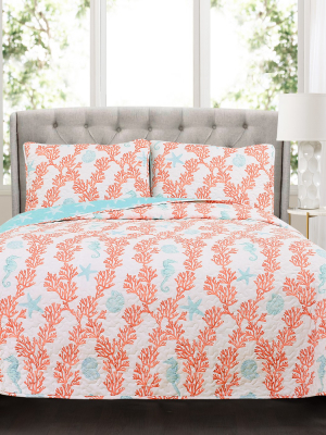 Blue Dina Coral Quilt Set - Lush Décor