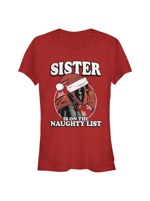 Junior's Marvel Christmas Deadpool Sister On Naughty List T-shirt