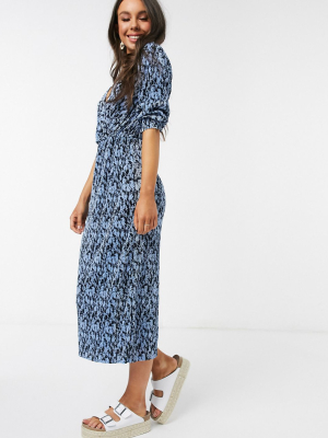 Pull&bear Pleated Midi Dress In Blue Floral Print