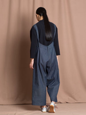 Nung Low Back Pocket Denim Onesie - Dark Blue