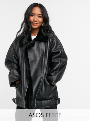 Asos Design Petite Borg Aviator Jacket In Black